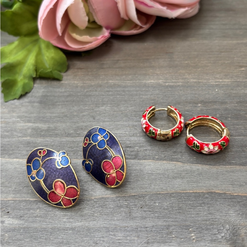 Vintage Cloisonne Earrings Floral with Gold Accents (set of 2)